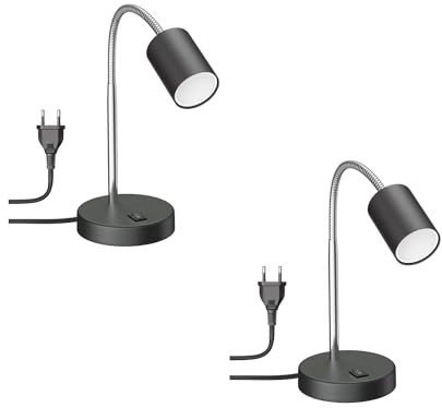 ledscom.de 2 Stück Tischleuchte WAIKA Schwanenhals Schalter schwarz matt + LED Lampe warmweiß 3-Stufen Dimmen 500lm