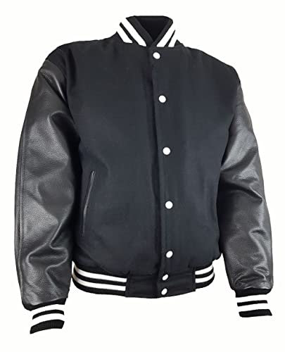 Herren College Baseball Jacke Sweat Jacke mit Leder Schwarz XL