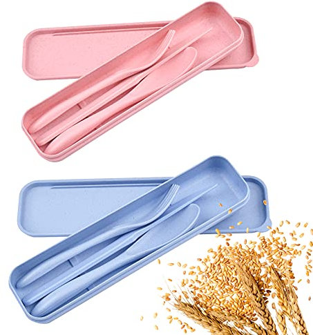 2 Sets Plastik Besteck Set, tragbare Camping Besteck Sets, Reisebesteck Utensilien Set für Lunchbox, Reisen, Picknick, Camping oder den täglichen Gebrauch im Freien (blau und rosa)
