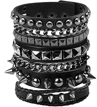 Eigso 3 Pcs Punk Leather Cuff Studded Bracelets for Men Women Retro Classic Vintage Spikes Wristbands for Man Woman