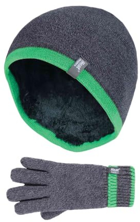 HEAT HOLDERS - Kinder Jungen Winter Warm Fleece Gefüttert Isolierte Strickumschlagmanschette Gerippte Mütze und Handschuhe Set, CG1P8, 74