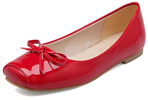 Bviennic Ladies Square Toe Ballet Flats Slip On Bows Dolly Shoes Ballerina Dance Patent Loafer Slipper Casual Walking Moccasins Red Size 5 UK-39CN