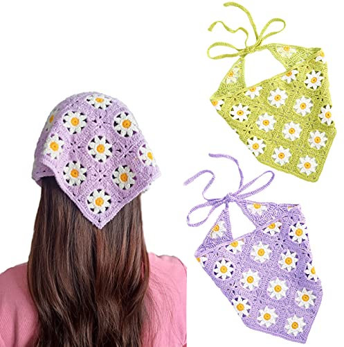 Yanmucy 2 Stück gehäkelte Haarbandanas für Damen, Boho-Blumen-Kopftuch für Damen, gehäkeltes Dreieck-Kopftuch, Vintage-Blumen-Haarschal, Violett und Grün, Einheitsgröße