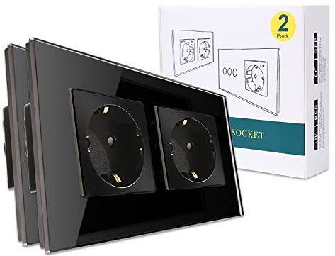 2er-Pack CNBINGO Glas Schuko Steckdose unterputz, Doppelsteckdose Schwarz, Wandsteckdose zweifach mit Glasrahmen