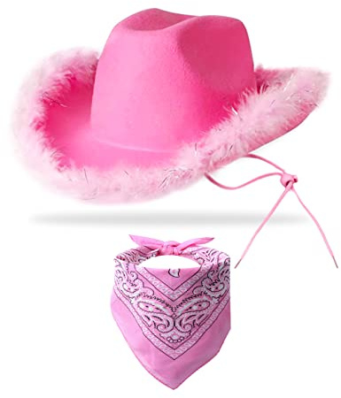 YBHOMINE Cappello da cowboy con bandana, cappello da cowgirl con boa di piume, per donne e uomini, per addio al nubilato, Halloween, colore rosa, taglia unica