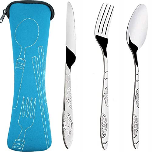 XOPOZON Lot de 3 Couverts de Camping, Ensemble de Couverts Transportables, Couverts en Acier Inoxydable avec Sac en Néoprène Idéal pour les Voyages et le Camping (Bleu)