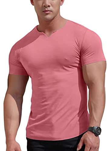 Herren Mesh Athletic T-Shirts mit geteiltem V-Ausschnitt für Fitnesstraining Bodybuilding Color Rosa Size M