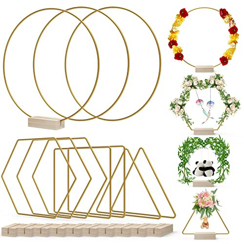 ASOFTY 10 Stück Metallringe zum Basteln, 20cm/25cm Metallring mit Fuß, Deko Ringe mit 10 Stück Holzständern, Glod Metallringe für DIY Macrame, Hochzeit Tischdekoration, Weihnachten, Wanddeko Dekor