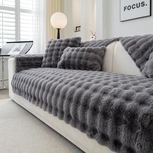 Weiche Kaninchen-Kunstpelz Rutschfest Sofa überzug (Dunkelgrau, 110x110cm) | Couch überzug Waschbar, Sofa Cover für Sektionssofa, Hund Sofabezug, Sofa überzug L Form, Ledersofaschoner für das Wohnzimmer