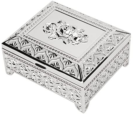 Metall Schmuckschatulle, Schmuckkästchen mit Rosenmuster Geprägt Einlagig Flip-Top für Ringe Ohrringe für Halsketten (Silber)