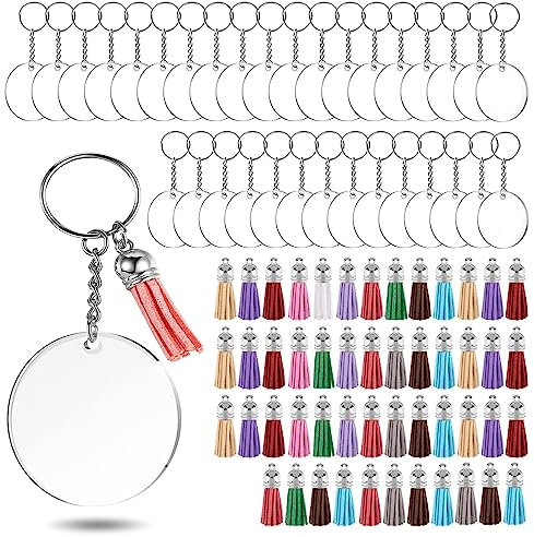 Lot de 200 porte-clés vierges en acrylique transparent avec chaîne et anneaux ouverts pour bricolage et loisirs créatifs (rond, 50 ensembles)