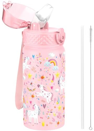 Goppus 420ml/14oz Gourde Isotherme pour Enfants avec Paille à Double Paroi en Acier Inoxydable Petit Flacon Isolé Sous Vide Métal Anti-fuite pour Boisson Flacon pour Tout-petits Thermos Sans BPA