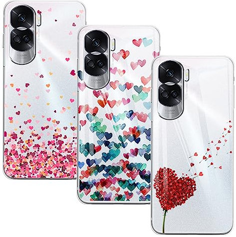 GEJEFA Funda para Honor 90 Lite, (3 Pack) Transparente TPU Carcasa Delgado Anti-Choques con Dibujo de Corazón Funda para Honor 90 Lite