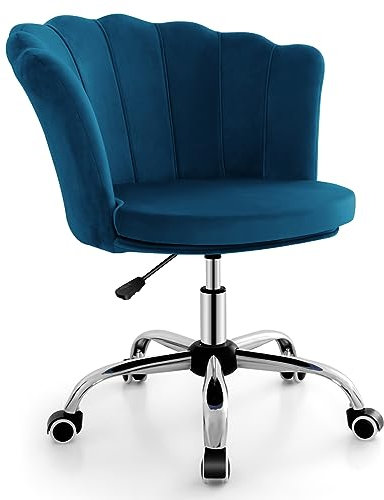 COSTWAY Fauteuil de Bureau en Velours avec 5 Roues Universelles, Chaise de Coiffeuse avec Hauteur Réglable, Rembourrée Pivotante, Forme de Coquillage, pour Salon, Chambre (Bleu)