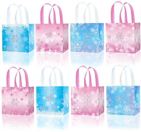 8PCS Schneeflocke Winter behandeln Taschen Medium Weihnachten Tote Taschen mit Griffen Non-Woven Urlaub Geschenk Taschen für Weihnachten Geschenke Verpackung Weihnachten Party Supply (blau&rosa)