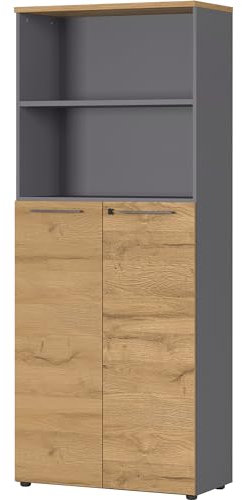 bümö Andratx Aktenregal & Schrank abschließbar, Büroschrank Regal Kombination Holz 80cm breit in Graphit-Eiche - abschließbarer Schrank für's Büro & Arbeitszimmer, Ordnerschrank mit Schloss