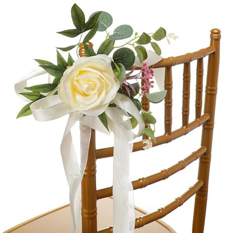 Hochzeits-Stuhl-Rücken-Blumen, Künstliche Rosenblumen, Hochzeit, Hochzeitsstuhl-Dekoration, Stuhllehnen-Blumendekoration, Kirchenbank-Stuhldekoration mit Bändern für Hochzeitsfeier(1 Stück Gelb)