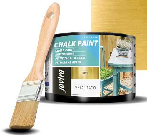 JOVIRA PINTURAS Pintura Tiza - Chalk Paint al Agua Mate + Pincel especial para madera. Renueva tus muebles con creatividad. (375 Mililitros, Oro + Pincel)
