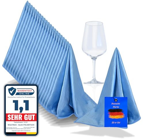Walfinus Premium 20er-Set blau Mikrofaser Gläserpoliertuch fusselfreies, streifenfreies, kratzerfreie Microfaser Glaspoliertuch für Spiegel und Hochglanzoberflächen ca 50-60cm Poliertücher