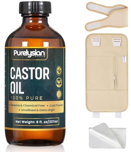 PURELYSIAN – Kit d'huile de ricin bio pressée à froid en verre non raffiné (237 ml), huile de ricin en coton bio et chiffon en flanelle pour détoxification du foie, compresse d'huile de ricin