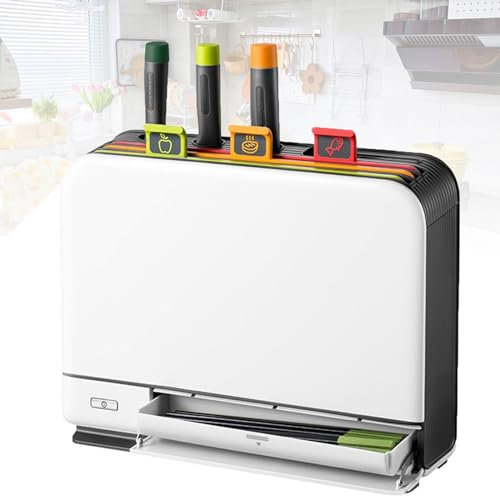 Set di coltelli con supporto, tagliere intelligente, set di taglieri da cucina autopulente e asciugante con supporto for riporre, organizer salvaspazio con codice colore a 3 taglieri, gadget da cucina