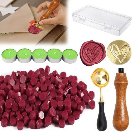 Siegelwachs Perlen Set, 200 Stück Siegelwachs Set, Wachssiegel Stempel, Siegelwachs Achteckig, Wachs Stempel, für Vintage Siegellack und Brief, Einladungen, Paket Geschenk, Weinrot