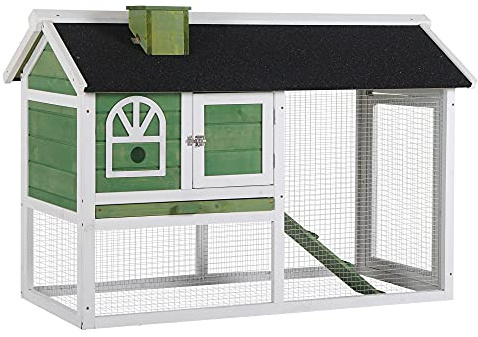 PawHut Conejera de Madera 120x60x79 cm Jaula para Conejos Grande con Techo Asfáltico Bandeja Extraíble Escalera y Chimenea para Exterior Verde