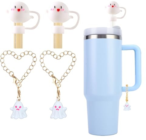 Kleeblatt Halloween Ghost Straw Covers Cap For Stanley Cup, 2pcs 10mm Cute Silicone Straw Toppers For Tumblers With 2pcs Ghost Charms Personalized, Stanley Cup Accessories