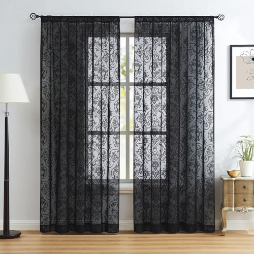 Abstractex Black Lace Net Curtains 90 Inches Long Damask Floral Sheer Panels for Bedroom Rod Pocket Luxury Vintage Light Filtering Victorian Window Treatment Sets for Living Room, 54 W 2 Panels