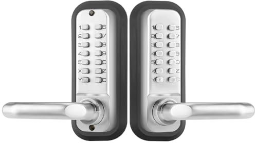 ANNFUZ Mechanical Keyless Entry Door Lock with Keypad,Double-Sided Combination Opening Door Handle,Interior Exterior Push Button Passcode Front Door Lever Set,for Gate,Fence,No Battery(Pearl Chrome)