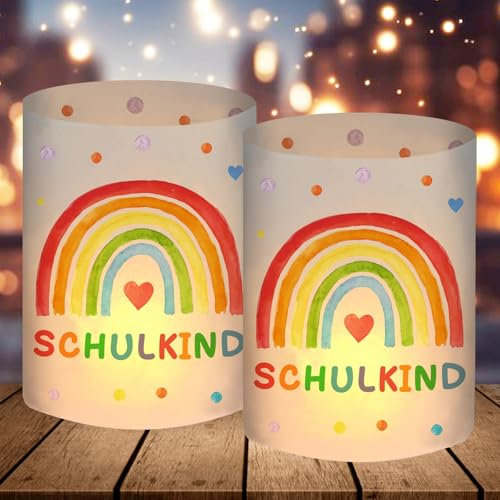 12 Windlicht Tischdeko Einschulung Mädchen, Schulkind 2025 Deko, Schulanfang Deko Mädchen, Schuleinführung Einschulungsdeko mit Regenbogen, Geeignet für Teelichter oder Kerzen