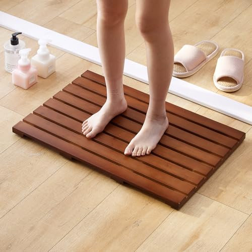 Bamboo Bath Mat for Shower with Non-Slip Rubber,Bathtub Mat,Floor Mat,Shower Mat for Indoor,Outdoor,Spa, Sauna, Pool (Brown, 25.5 × 17 × 1.5 inches)