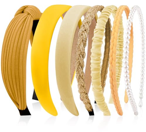 Kotkiddy Lot de 7 bandeaux à cheveux pour femme, différents modèles, bandeaux en perles, serre-tête en plastique, serre-tête pour filles et femmes (jaune)