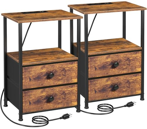 LOAKEKEL Night Stand Set 2, Nightstand with Charging Station, End Tables with Storage Shelf for Small Spaces, Bedside Table Side Tables with 2 Fabric Drawers for Bedroom, Rustic Brown, HETS020PBR