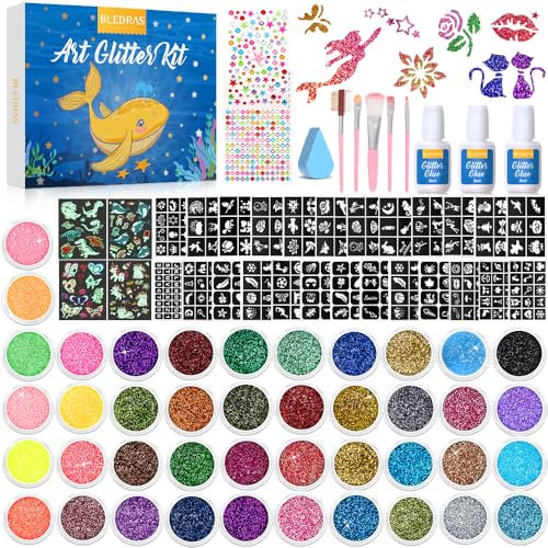 Bledras Art Glitter Kit, 42 Farben Temporary Glitzertattoos, 210 Schablonen, 370 Strasssteine, 5 Pinsel, 3 Kleber,Glitter Make Up Kit for Birthday Party Halloween Christmas