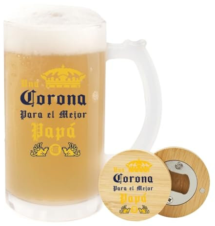 Pack Jarra de cristal personalizada y abridor de madera personalizado. Jarra de cerveza y abridor de madera personalizados. Regalos para padres. Regalos originales para hombres. (Corona)