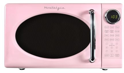 Nostalgia Retro Microwave Oven - 0.7 Cu Ft, 700-Watt Countertop Size with Glass Turntable, Child Safety Lock, 8 Auto-Cook Programs, Digital Clock - Pink