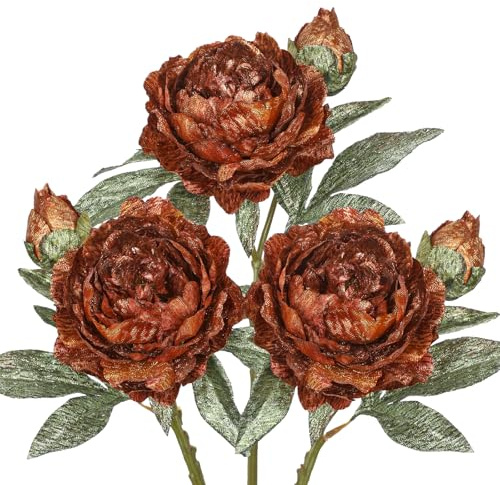 Hollyone 38cm Künstliche Pfingstrosen Stiel Glitzernde 3PCS Braun Kunstblumen mit Knospen Dekorative Weihnachtsblumen Seidenblumen für Vase Blumengesteck Home Weihnachten Dekoration