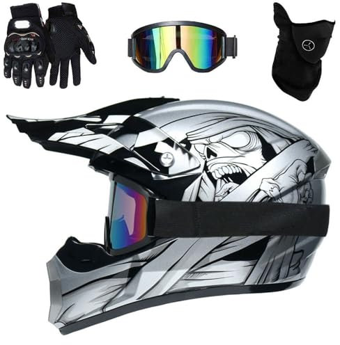 DOT Volles Gesicht MTB Motocross-Helm, ATV Roller Motorradhelm, Quad Dirtbike Absturz Helm(Silver Samurai,L(56-57cm))