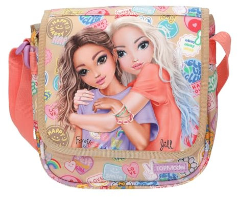 Depesche 13288 TOPModel Girl Power - Kleine Umhängetasche in Beige, mit Model Motiv und bunten Batches, Handtasche mit verstellbarem Gurt