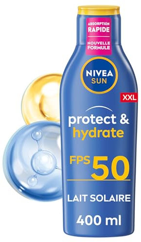 NIVEA SUN Lait Solaire Protect & Hydrate SPF 50+ 400 ml - Crème Solaire résistante à l'eau - Protège et Hydrate - Format XXL - Haute Protection Visage et Corps