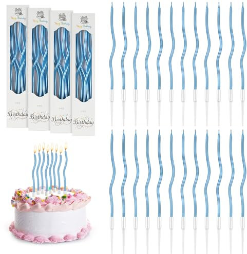URAQT 24 Pièces Bougies d'anniversaire Torsadées, Bougies de Gâteau en Spirale avec Supports pour la Décoration de Fête de Gâteau de Mariage D'anniversaire,Plaqué or Massif Bleu Clair