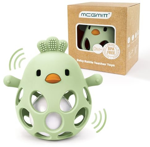 MCGMITT Massaggiagengive in Silicone con Sonaglio – Palla Flessibile da Presa a Forma di Pulcino Priva di BPA Morbida e Facile da Tenere Giocattolo Montessori per la Dentizione Bambini – Verde