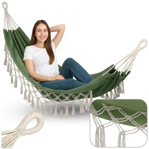 ZOLTA Hängematte zum Aufhängen - Grün - 200 x 150 cm - Belastbarkeit bis 200 kg, für Terrasse, Balkon, Garten, Indoor, Outdoor, Camping Boho-Style - Wetterfest Gartenhängematte & Campinghängematte