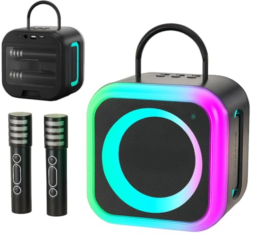 THEEGWORLD Karaoke Machine For Kids And Adults-Portable Bluetooth Speaker With 2 Wireless Microphones, LED Lights, Voice Effects For Girls, Boys, Family Party- Supports USB/TF Card/AUX (Black)