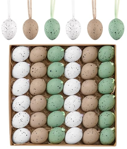 Valery Madelyn 36er Ostereier zum Aufhängen für Osterdeko,4cm Nature künstliche mini Ostereier für Ostern Deko,Grün Braun Ornament für Osterkörbchen Frühlingsdeko,Ostern Geschenke