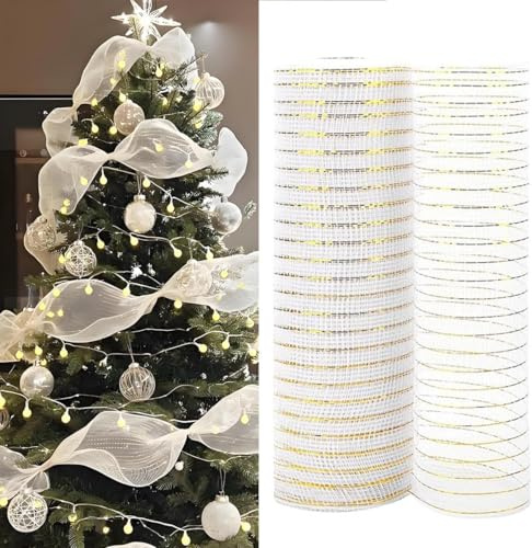 SUIFAYIO Glänzend Weihnachtsgirlanden,26 cm×9.14m Metallic Deco Mesh Band für Kranz Weihnachtsbaum,Geschenkband,Metallic Folie Mesh Stoff Weihnachtsband (Gold)