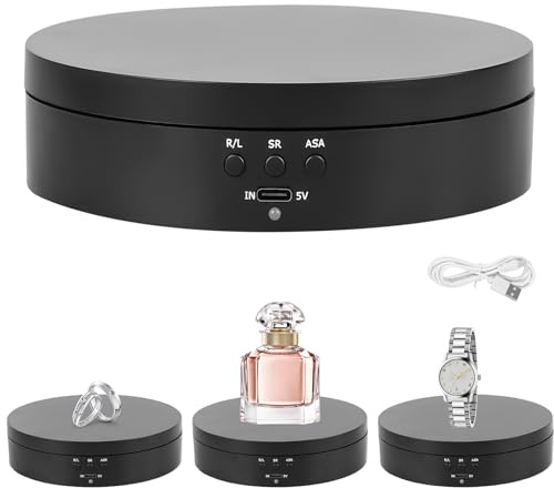 Drehteller Elektrisch, 360° Richtung und Geschwindigkeit, 3KG Automatische Drehplattform, 13.8cm Drehteller für Schmuck, Uhren, digitalen Produkten(Schwarz)