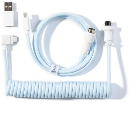 Keychron Cable USB-C de 8 KHz para teclados mecánicos, GX12 de 5 pines, conector aviador extraíble, adaptador USB-A, cable trenzado de 176 cm, carga y transferencia de datos, azul claro