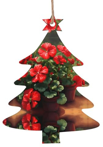 Rote Geranien gemusterte Holzornamente, ein Set von 6 Dekorationen, geeignet zum Aufhängen an Weihnachtsbäumen und Kaminen.